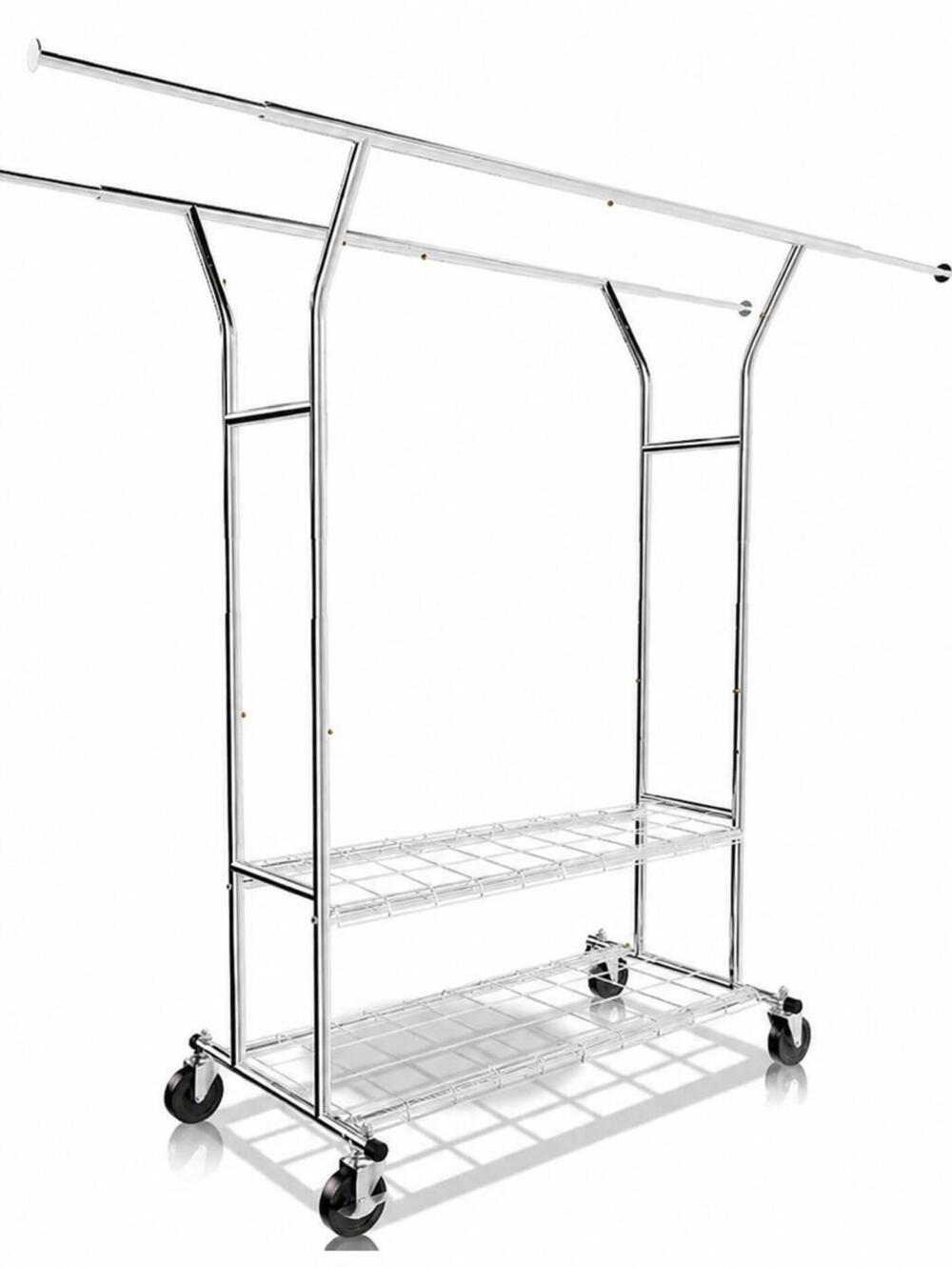 Heavy Duty Double Rod Rolling Clothing Rack w/Shelves-Chrome